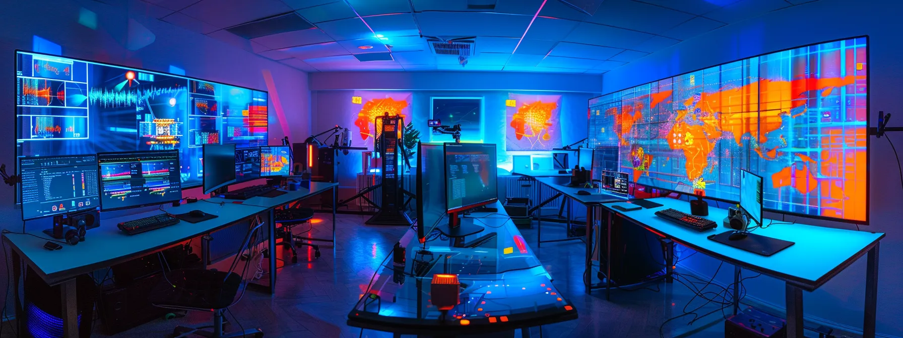 Sweta a futuristic ai development workspace with high-tech gadgets and glowing screens showcasing java and c++ libraries and frameworks for cutting-edge machine learning projects.