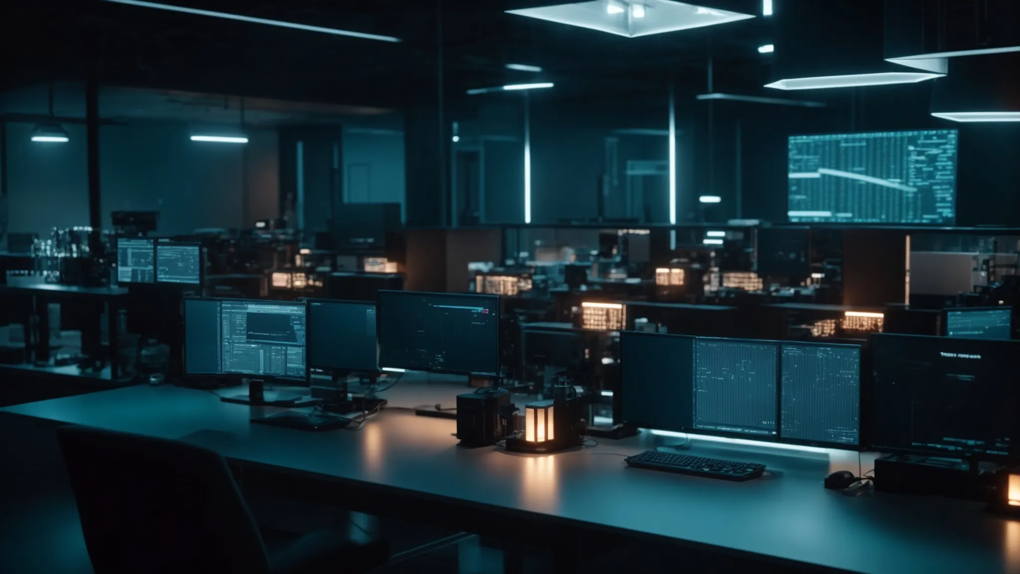 a futuristic ai laboratory with advanced computers running complex algorithms, showcasing the fierce competition between java and c++ in ai development.