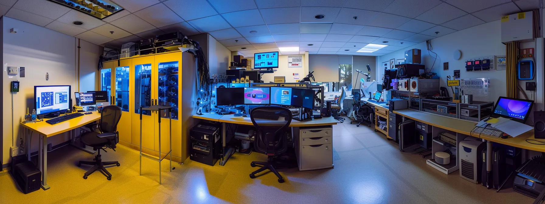 a high-tech laboratory setting showcasing java and c++ developers analyzing algorithms for optimal performance and efficiency in ai programming.