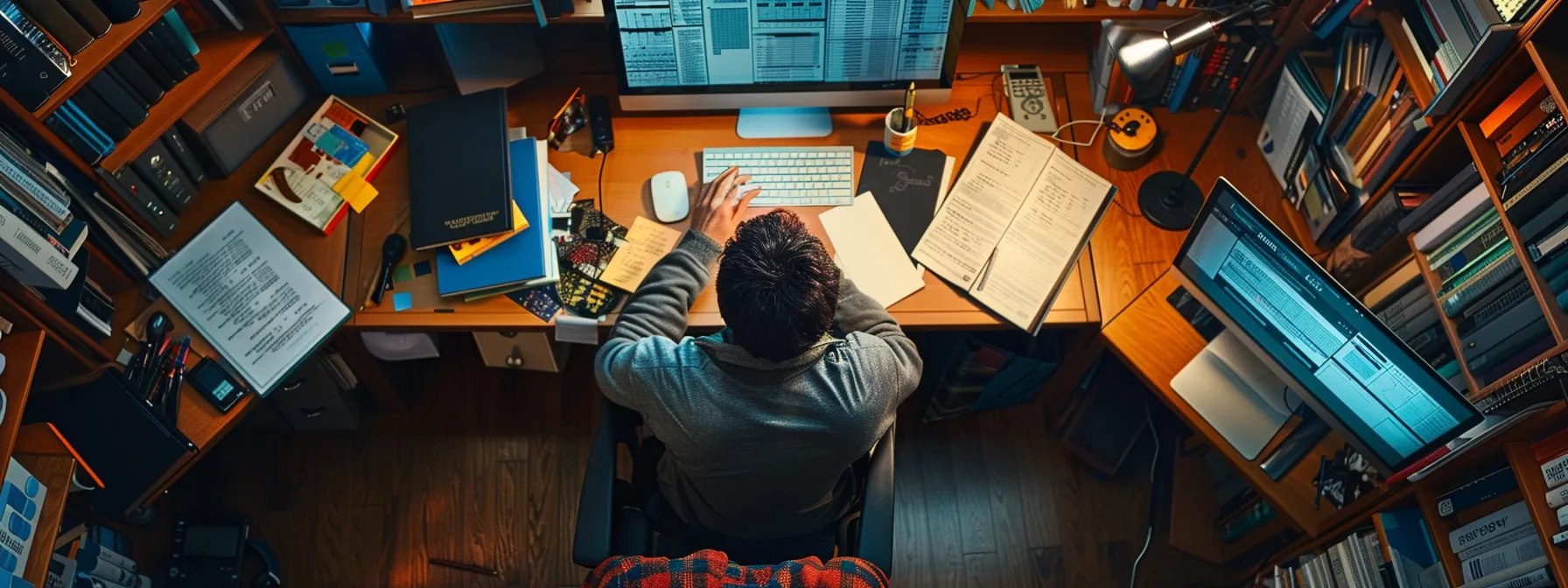 a programmer deeply focused on writing object-oriented code in java, surrounded by complex syntax and language structures, with books on ai development, memory management, and exception handling techniques scattered around the desk.