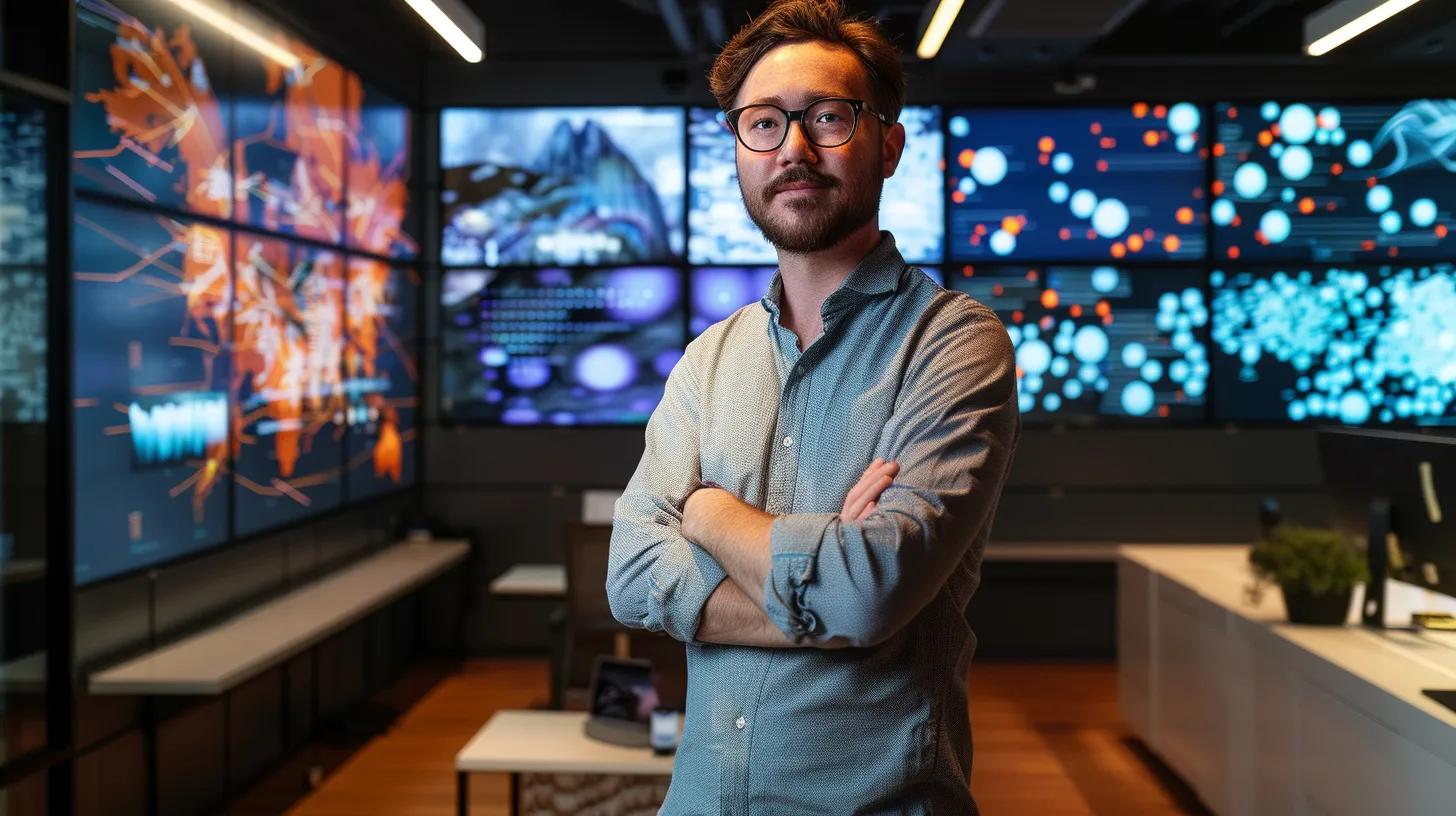 a confident young ceo stands in a modern office, surrounded by digital screens displaying seo analytics and user-generated content, embodying authority and trust in the realm of online marketing.