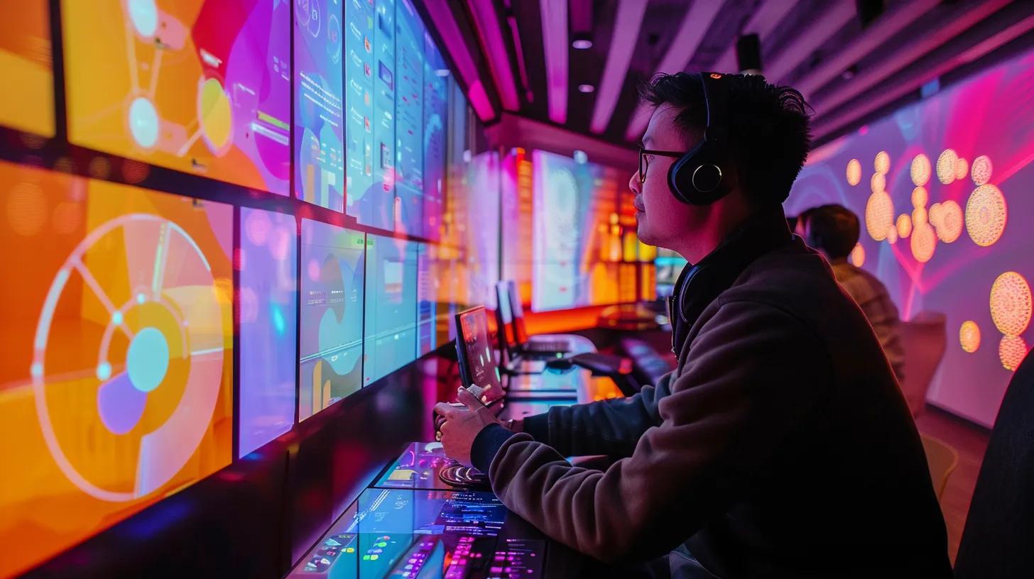 a dynamic and futuristic workspace showcases manick bhan, the young ceo of search atlas, immersed in analyzing vibrant data visualizations on multiple screens, reflecting the evolution of seo strategies in 2023.