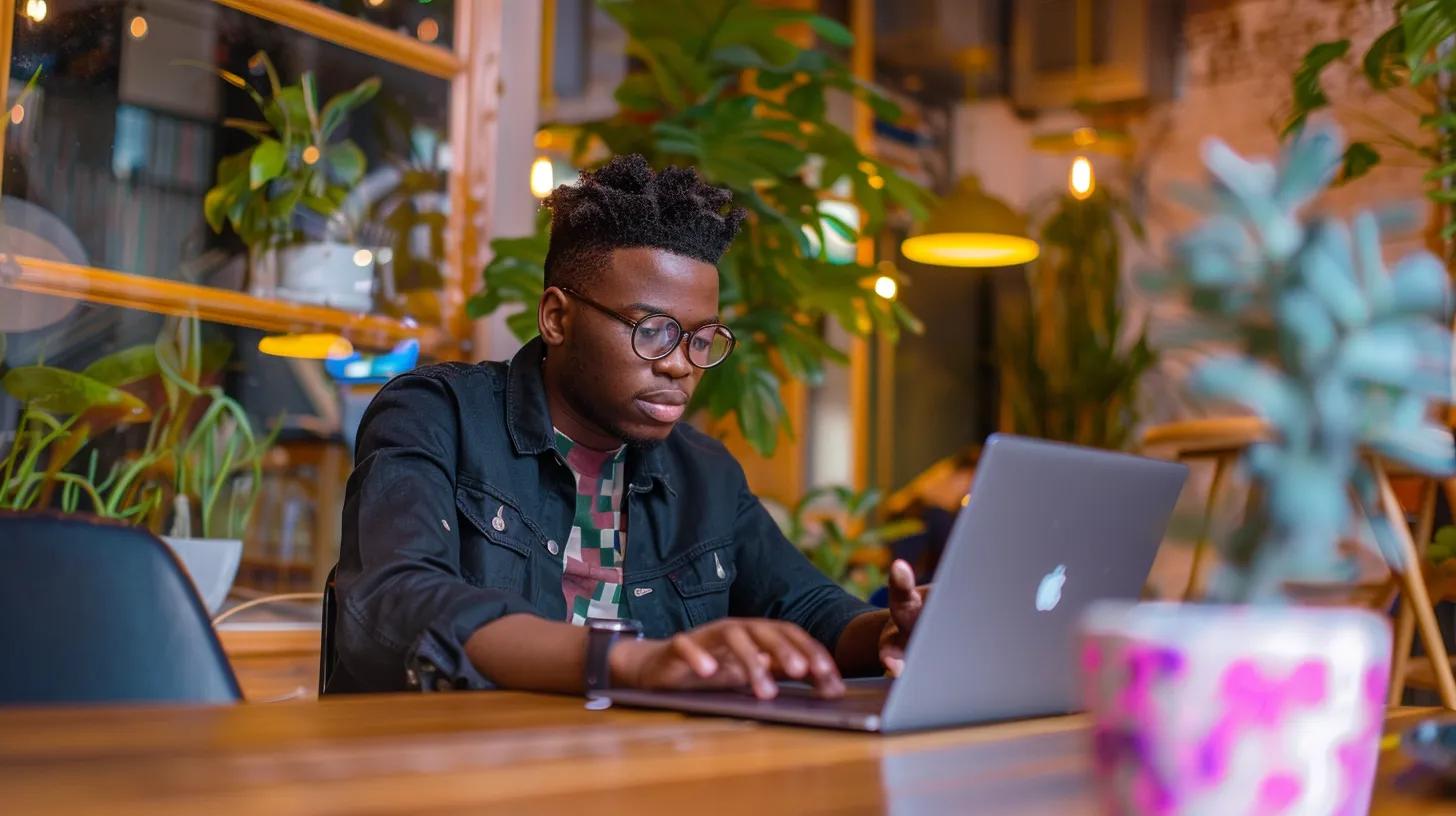 a dynamic and modern workspace featuring a young, focused ceo analyzing local seo strategies on a sleek laptop, surrounded by vibrant charts and graphs highlighting google my business optimization and online reputation management.