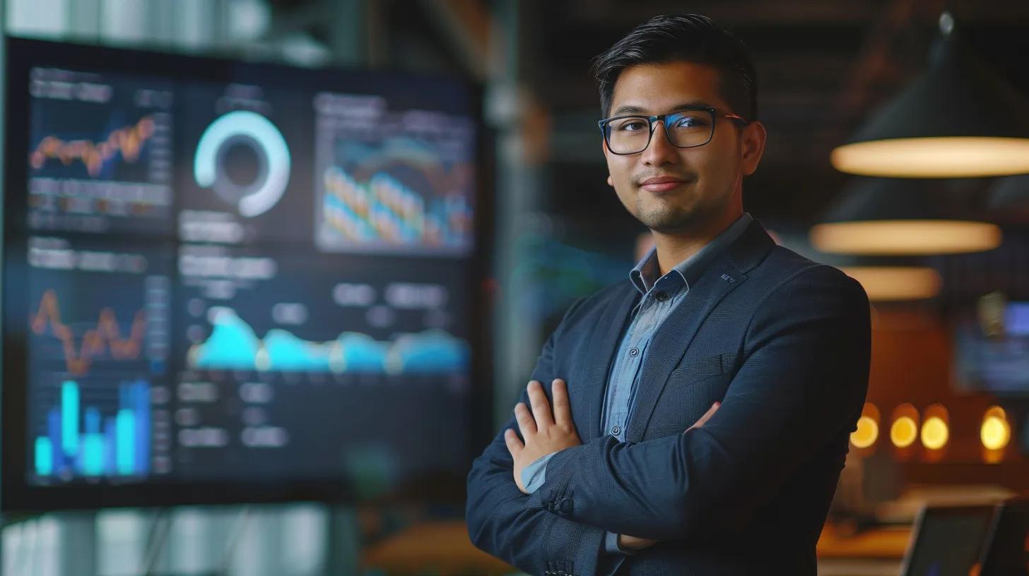 a dynamic and sharp portrait of manick bhan, the young ceo of search atlas, standing confidently in a modern office environment, surrounded by digital screens displaying analytics and keyword research data, symbolizing the future of voice search optimization.