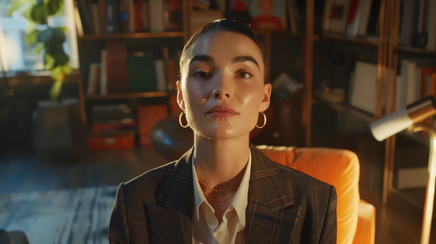 a dynamic close-up of a young ceo confidently presenting innovative voice search optimization strategies, surrounded by advanced technology devices and vibrant digital analytics, illuminated by soft, focused lighting to emphasize their expertise and vision.