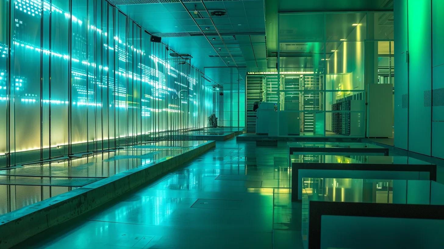 a dynamic digital landscape featuring a modern server room bathed in soft blue and green light, symbolizing the critical role of diverse hosting solutions in maintaining website stability within the fast-paced global financial market.