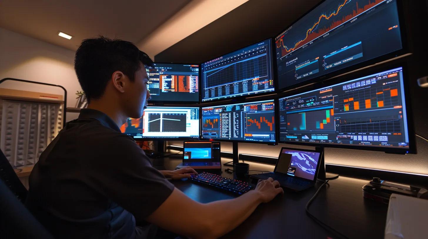 a dynamic, modern office environment featuring a young, focused tech entrepreneur analyzing website performance metrics on multiple screens, bathed in soft, natural light that emphasizes clarity and innovation.