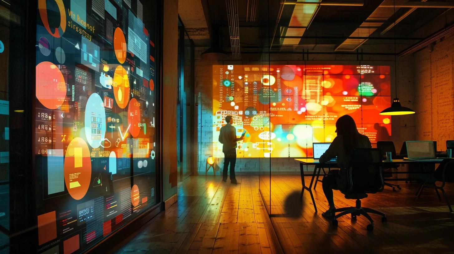 a dynamic, modern office setting where a confident young ceo passionately discusses the significance of keyword research, with vibrant charts and graphs illustrating data-driven seo strategies projected on a sleek screen.