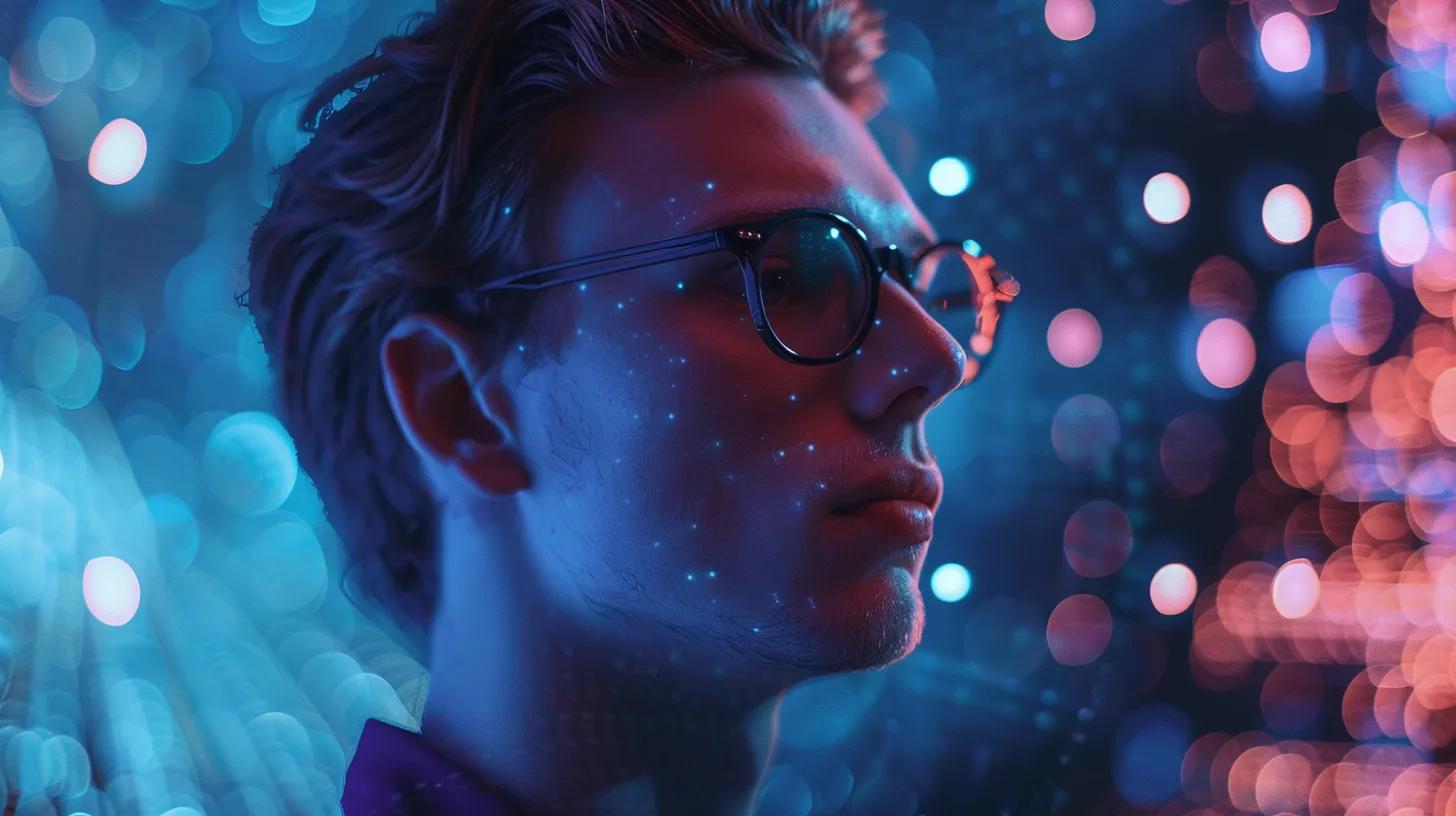 a dynamic portrait of a young, visionary ceo, immersed in futuristic voice search technology, surrounded by holographic data visualizations that symbolize innovation and the evolving landscape of digital interaction.