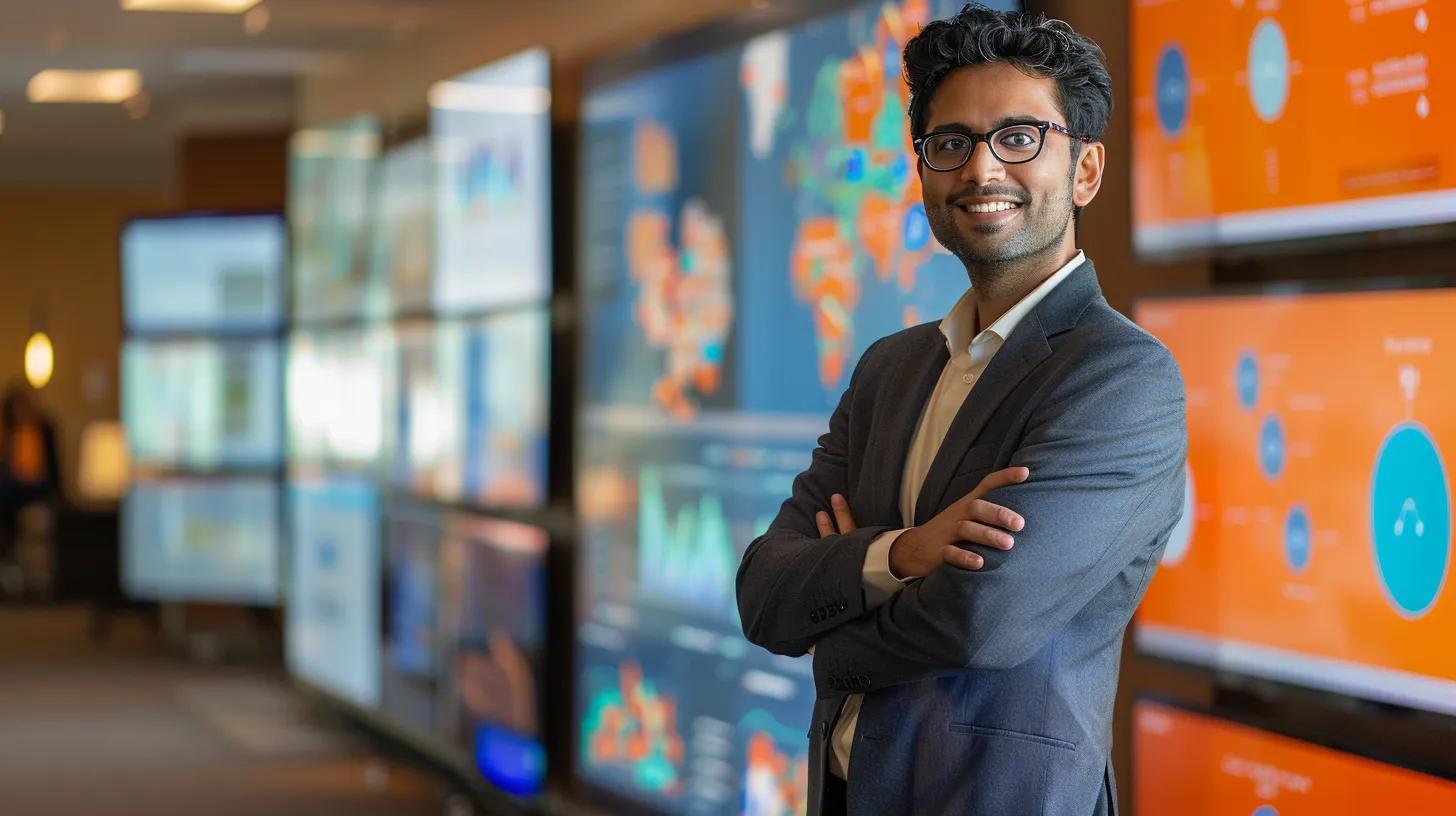 a dynamic portrait of manick bhan, a young ceo and seo specialist, standing confidently in a modern office, surrounded by vibrant digital displays showcasing content optimization strategies and voice search analytics, illuminated by warm, natural light.