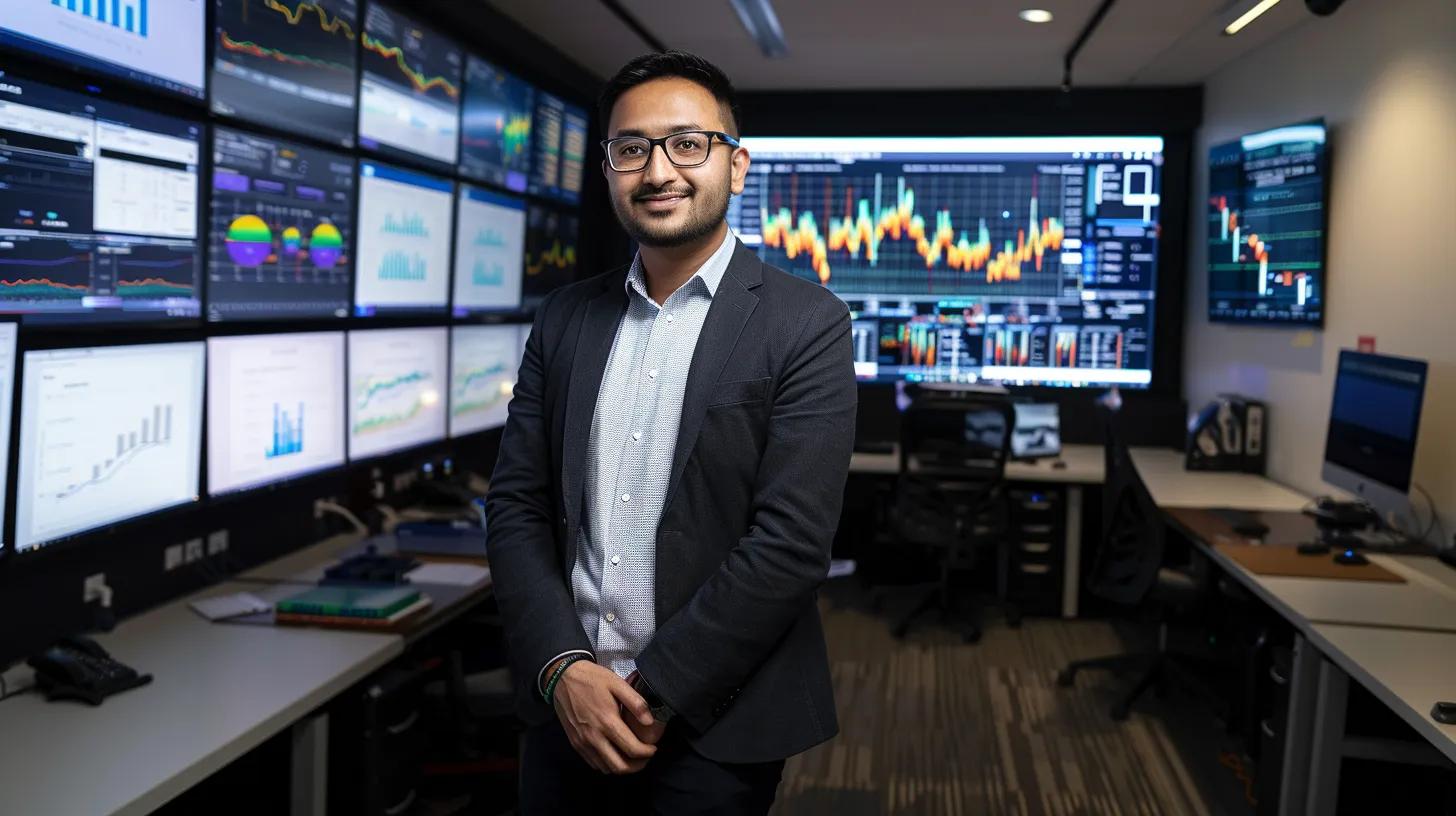 a dynamic workspace showcases a young ceo, manick bhan, surrounded by vibrant screens displaying website analytics and seo metrics, illuminating his expertise in web stability and performance in the fast-paced finance sector.