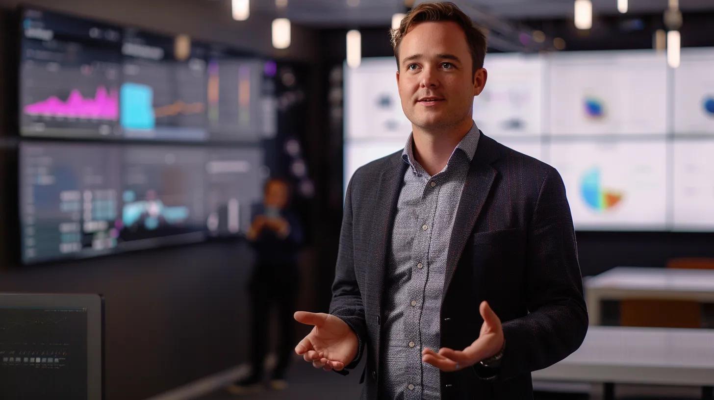 a dynamic young ceo, surrounded by high-tech analytics displays, passionately discusses voice search optimization strategies in a modern office, illuminated by soft, ambient lighting that highlights the futuristic atmosphere.