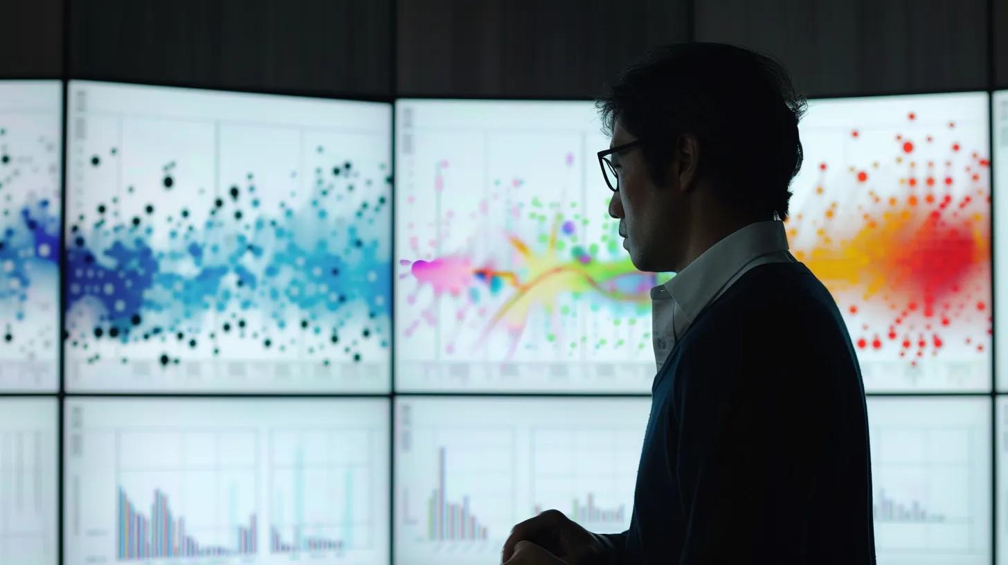 a focused shot of a young, dynamic ceo analyzing complex stability metrics on multiple high-resolution screens, with data visualizations illuminated in a modern tech office.