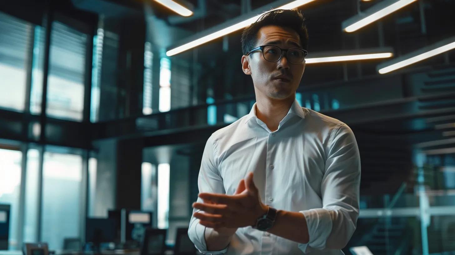 a futuristic office environment features a confident young ceo passionately discussing the transformative impact of voice search on seo strategies, illuminated by ambient lighting that highlights sleek technology and an engaged audience.