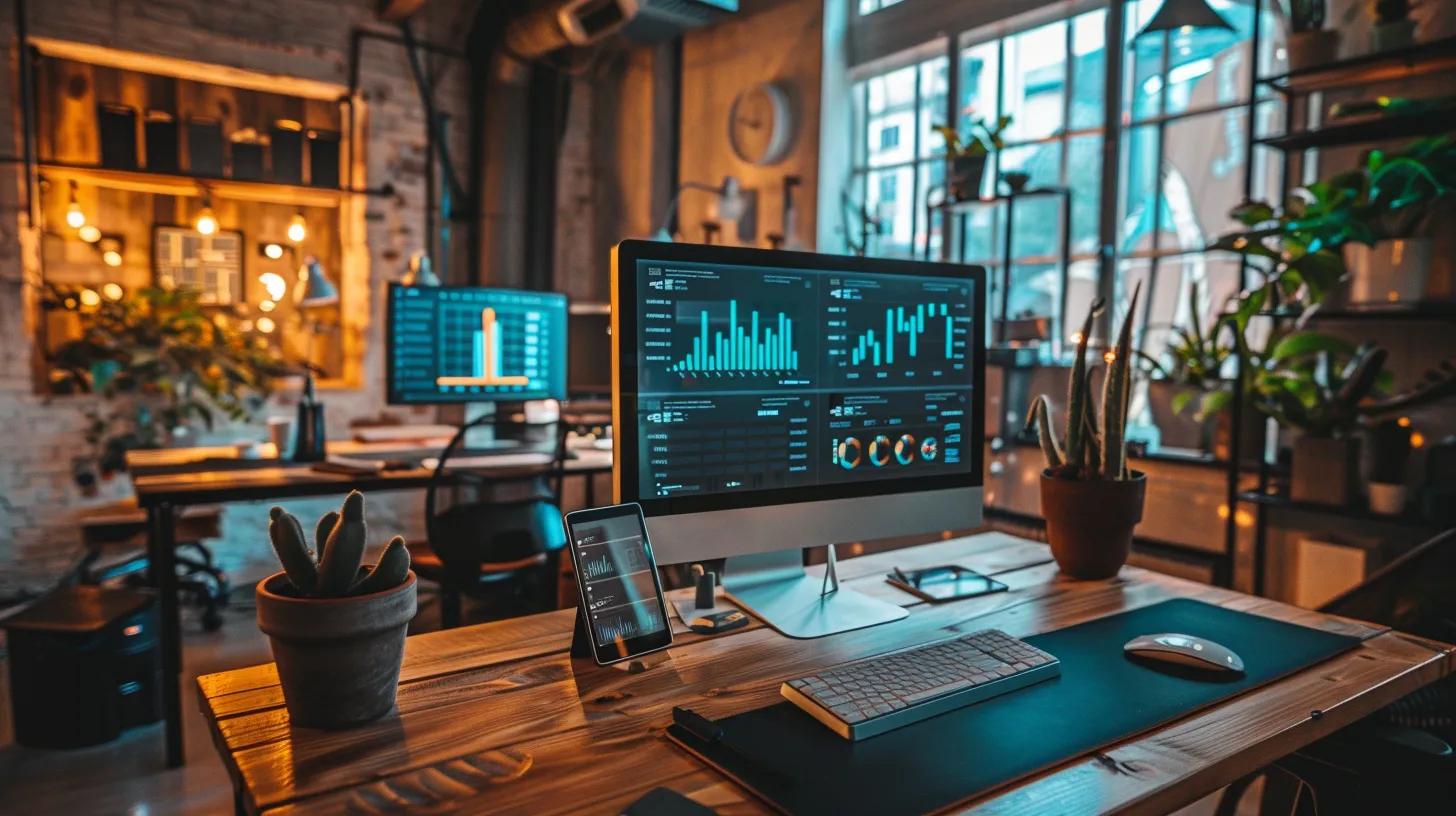 a futuristic office space showcases a sleek, multi-monitor setup displaying dynamic graphs and analytics, symbolizing the seamless integration of server reliability and advanced seo strategies for optimal website performance.