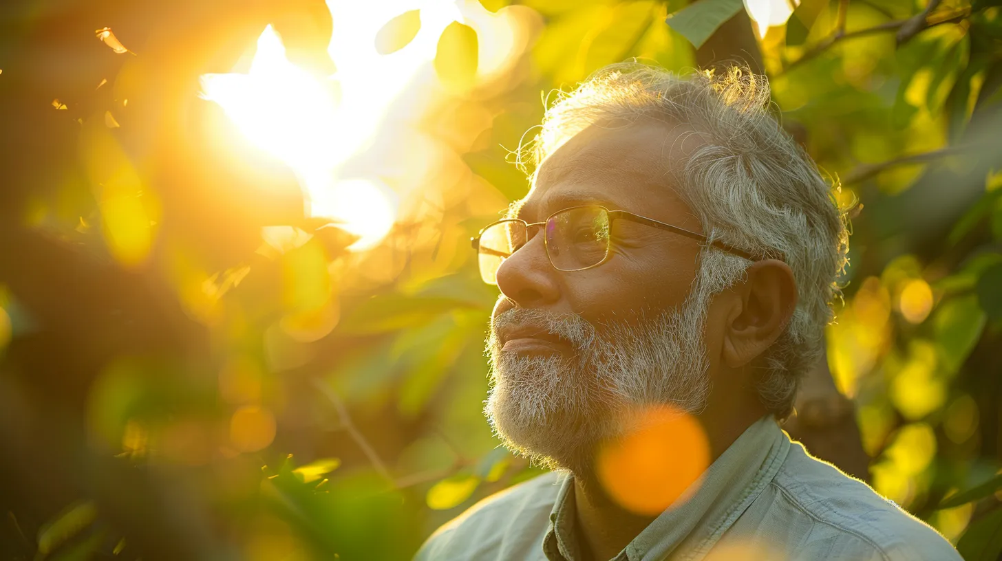 a radiant portrait of manick bhan, surrounded by vibrant greenery and warm sunlight, encapsulating the essence of happiness through mindfulness and positive relationships, reflects his journey of personal growth and practical insights into well-being.