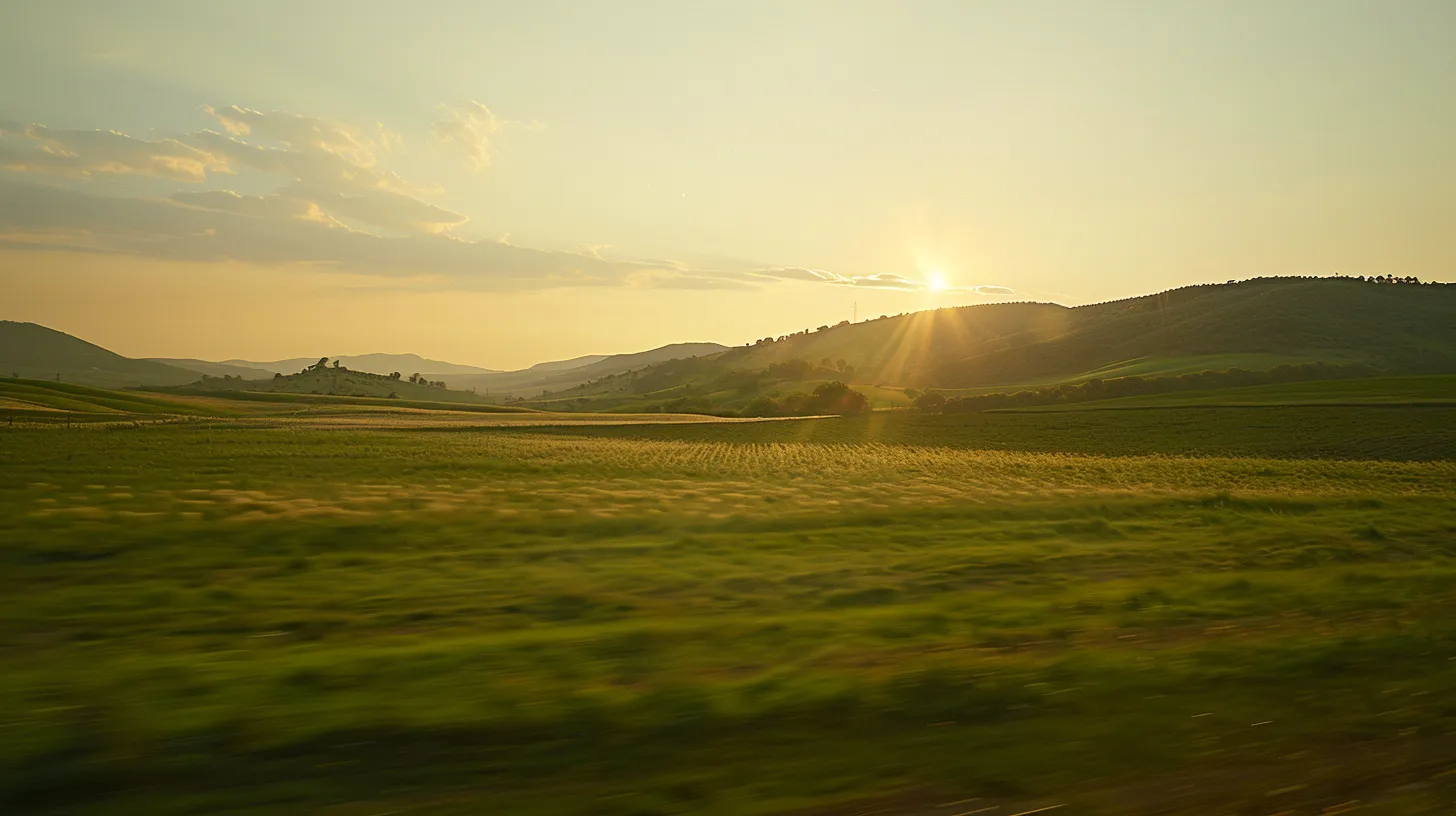 a serene and vibrant landscape emerges at sunrise, symbolizing the pursuit of happiness with lush greenery, gentle hills, and a radiant sky, reflecting the harmony between nature and psychological well-being.