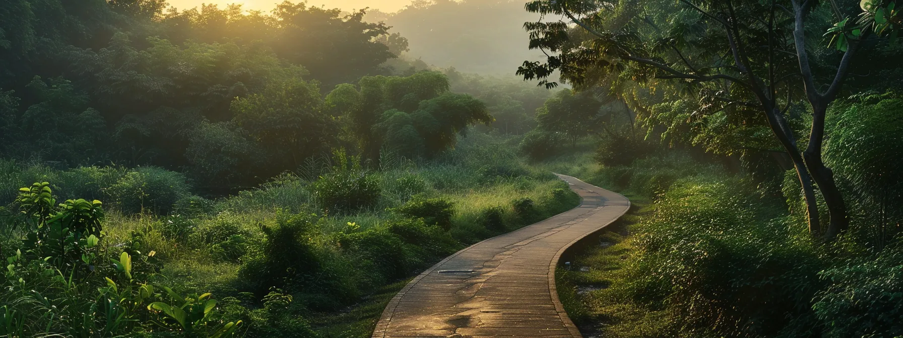 a serene landscape at dawn, featuring a winding path through lush greenery, symbolizing personal growth and resilience, with soft golden light illuminating milestones along the journey.