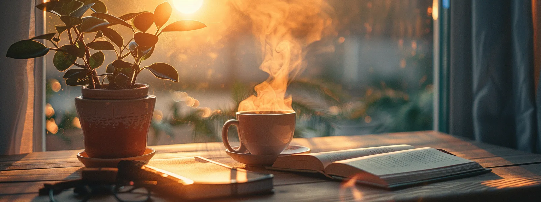 a serene sunrise casts a warm glow over a quiet workspace adorned with a journal and a steaming cup of tea, symbolizing the transformative power of daily habits and personal growth.