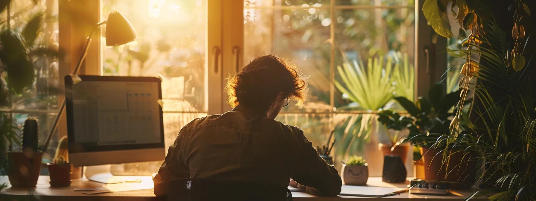 a serene workspace bathed in soft natural light, showcasing a thoughtful individual reflecting on a journal filled with progress metrics and personal achievements, symbolizing the journey of growth and resilience.