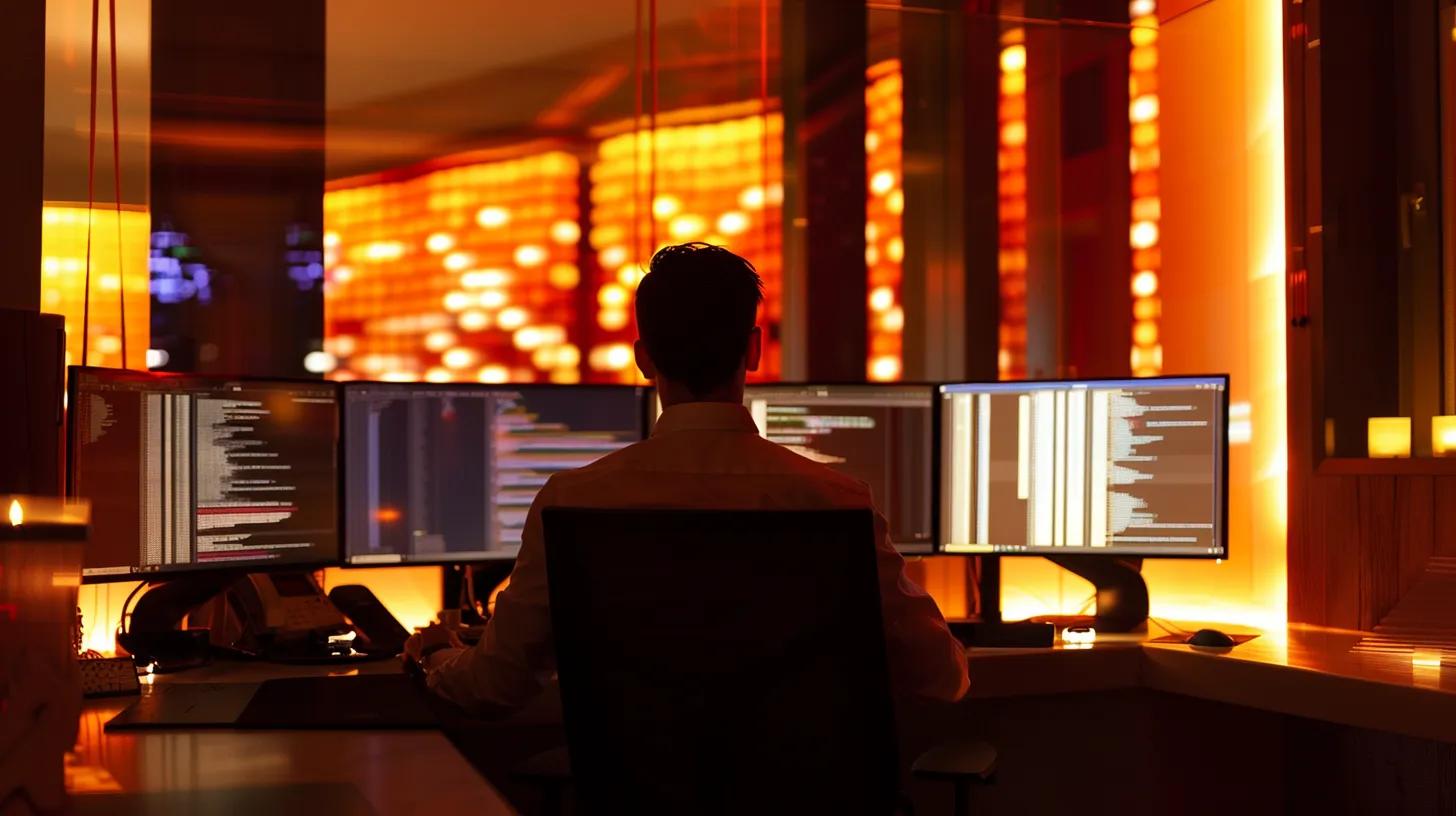 a sleek, modern office environment featuring a focused young ceo analyzing complex code on multiple high-resolution screens, illuminated by soft, ambient lighting that emphasizes a theme of technological stability and innovation during economic challenges.