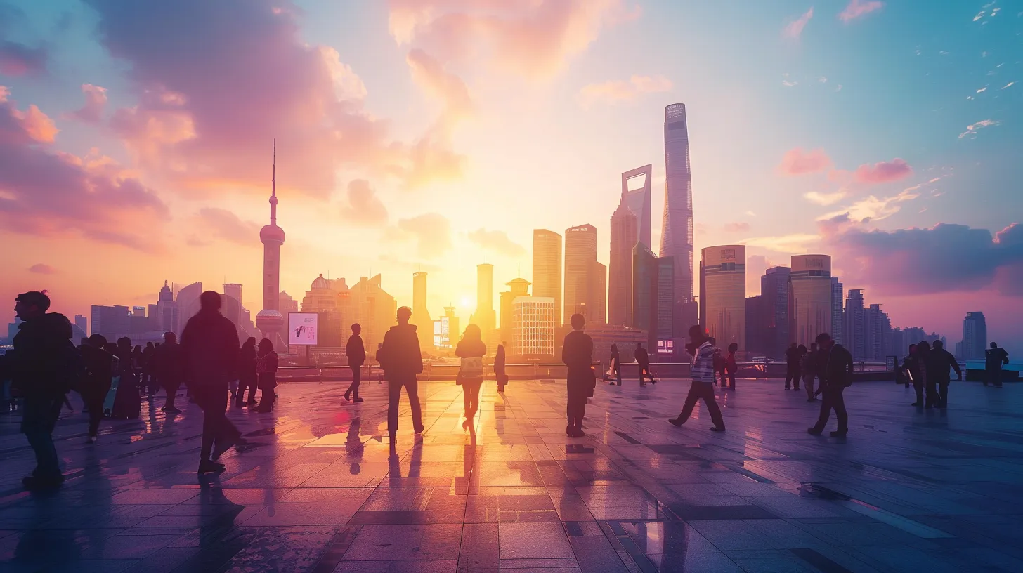 a vibrant, dynamic city skyline at sunset, symbolizing the intersection of technology and community, with silhouettes of diverse people interacting and engaging in joyful activities, representing the evolving landscape of happiness and well-being in contemporary society.