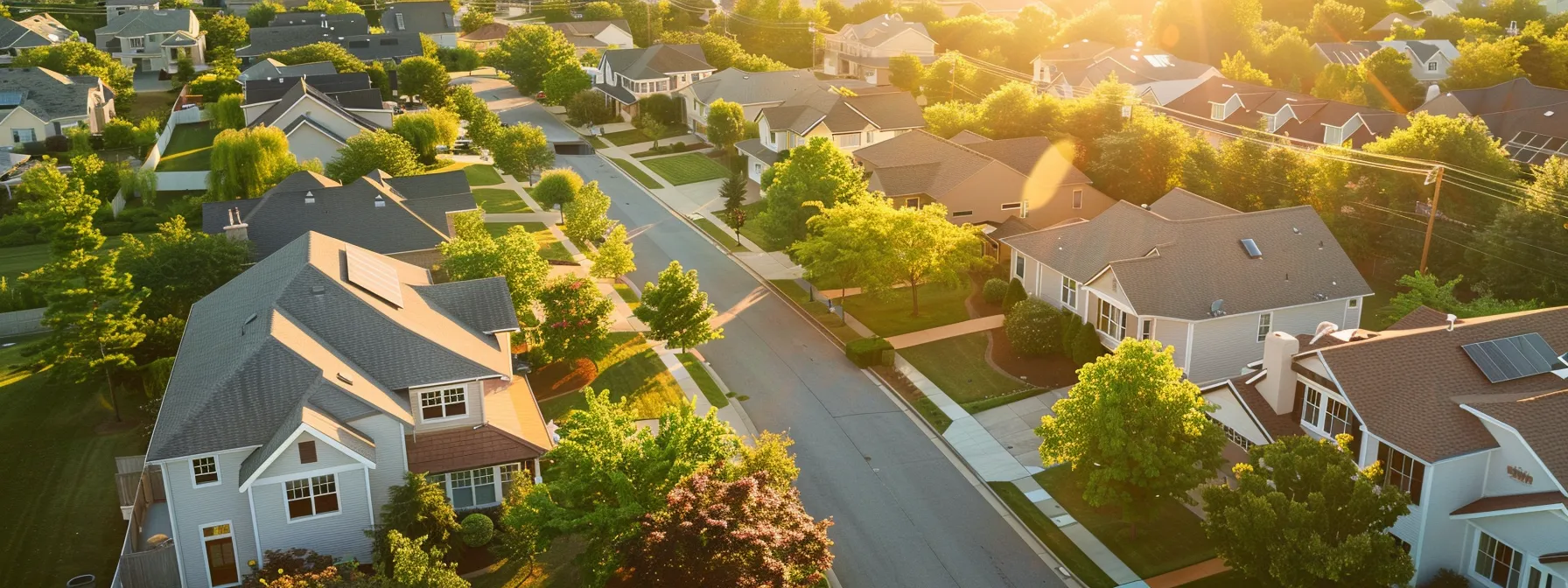a vibrant, sunlit suburban neighborhood showcases eco-friendly homes with solar panels, emphasizing energy efficiency and community savings in a harmonious, green landscape.