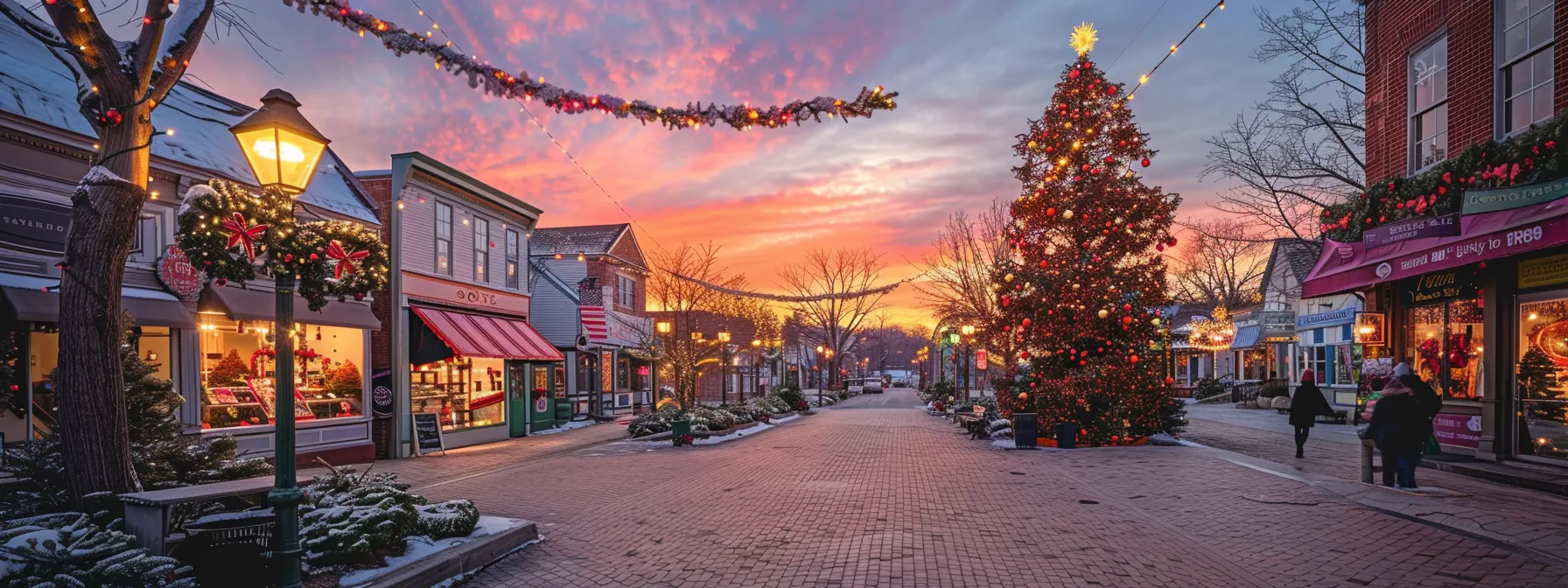a vibrant winter scene captures a charming american main street adorned with twinkling christmas lights, colorful wreaths, and a towering evergreen tree, radiating festive cheer under a soft, golden sunset glow.
