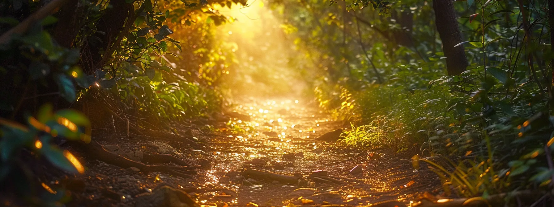 an inspiring sunrise illuminates a serene path through a lush forest, symbolizing personal growth and the journey of overcoming barriers to sustainable transformation.