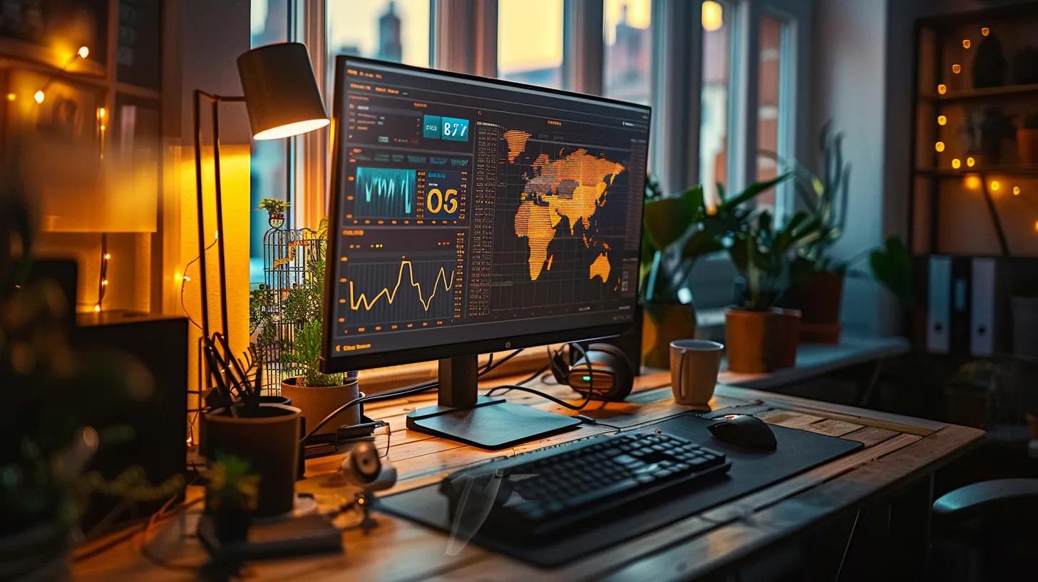 a dynamic workspace featuring a sleek computer setup displaying graphs and analytics, illuminated by warm, natural light streaming through a nearby window, embodies the theme of continuous learning and improvement in website performance.