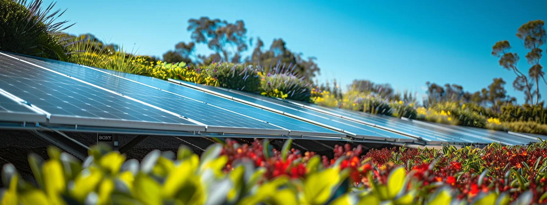 a vibrant garden setting showcases sleek solar panels glistening under the sunlight, surrounded by flourishing plants and a clear blue sky, symbolizing the harmony of renewable energy and nature.