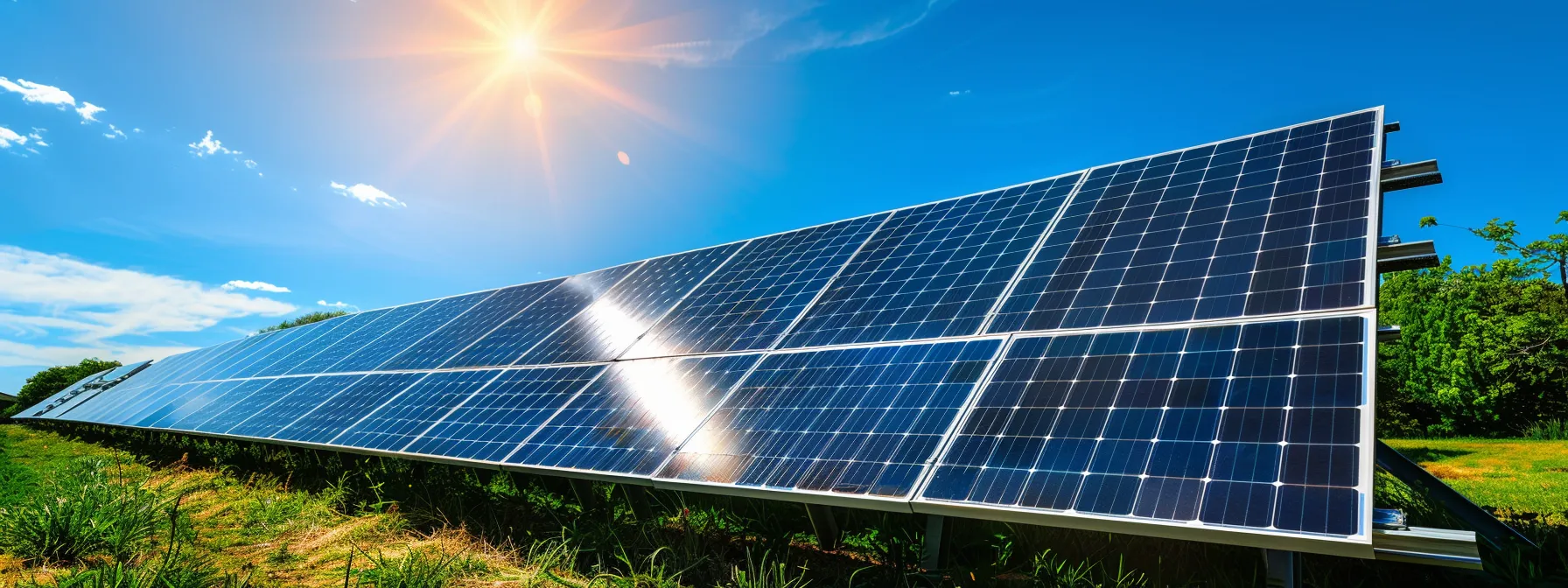 a vibrant solar installation showcases gleaming panels under a bright blue sky, emphasizing advanced technology and energy efficiency while radiating a sense of financial savings and environmental sustainability.