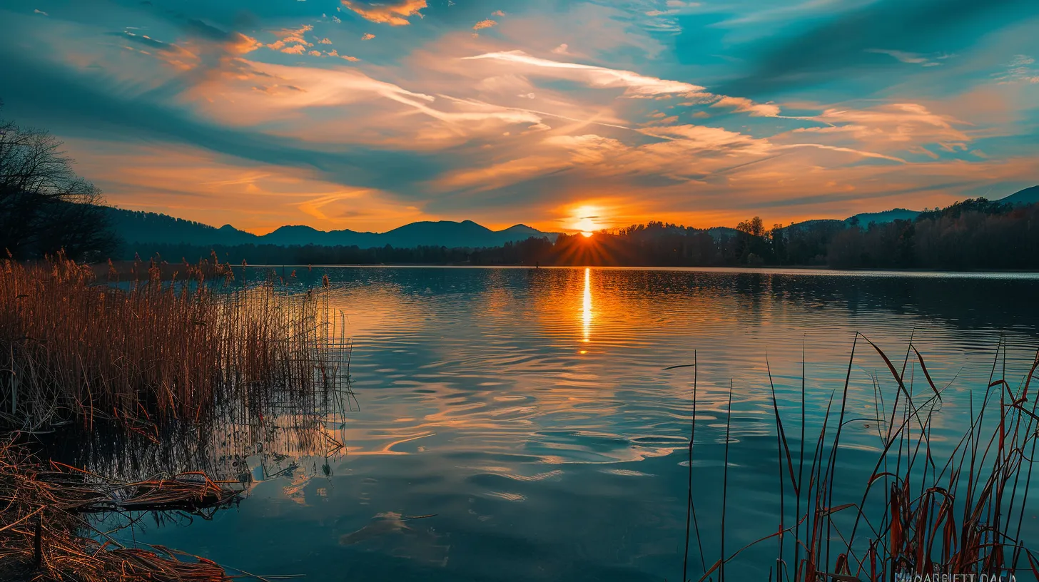 a breathtaking sunset casts a warm golden glow over a tranquil lake, with vibrant hues reflecting off the water's surface, creating a serene and captivating atmosphere.