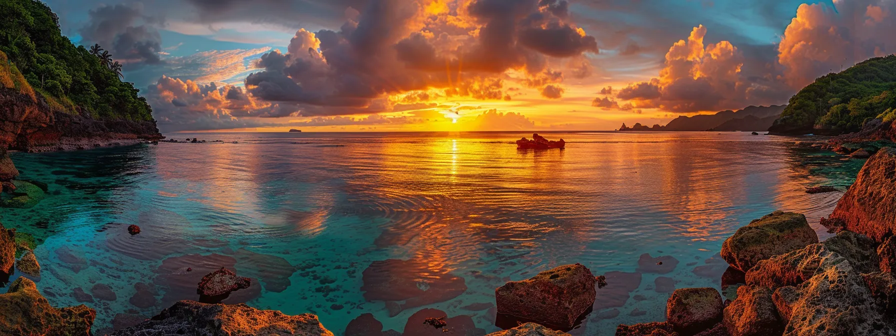 a breathtaking view of a golden sunset casting warm hues over tranquil waters, reflecting the vibrant colors of the sky and creating a serene atmosphere.