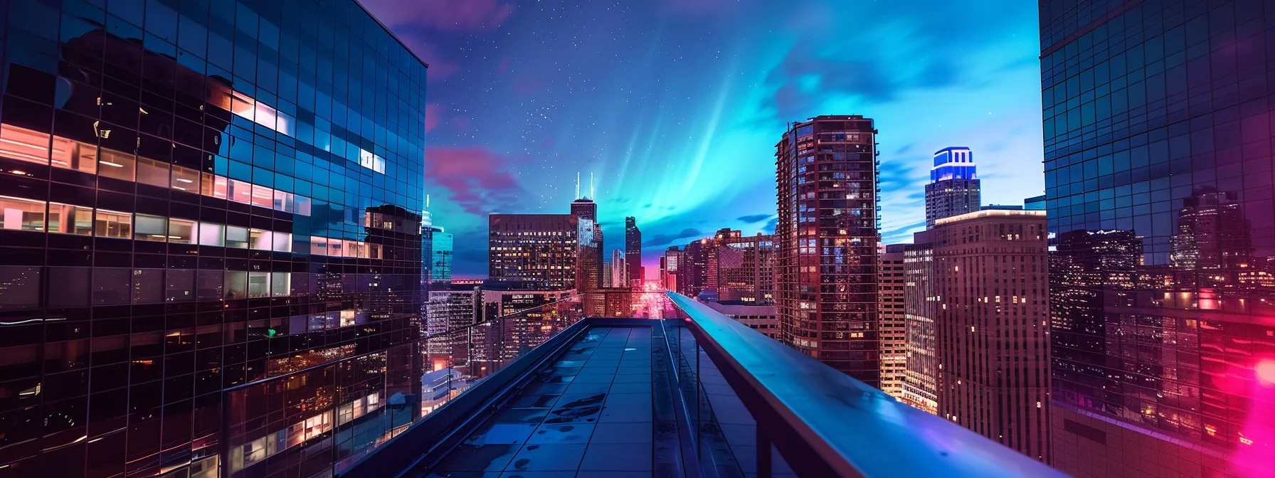 a captivating urban rooftop view in minneapolis showcases the dazzling colors of the northern lights illuminating the night sky, while below, sleek asics metaspeed sky running shoes are prominently displayed against a modern city backdrop.