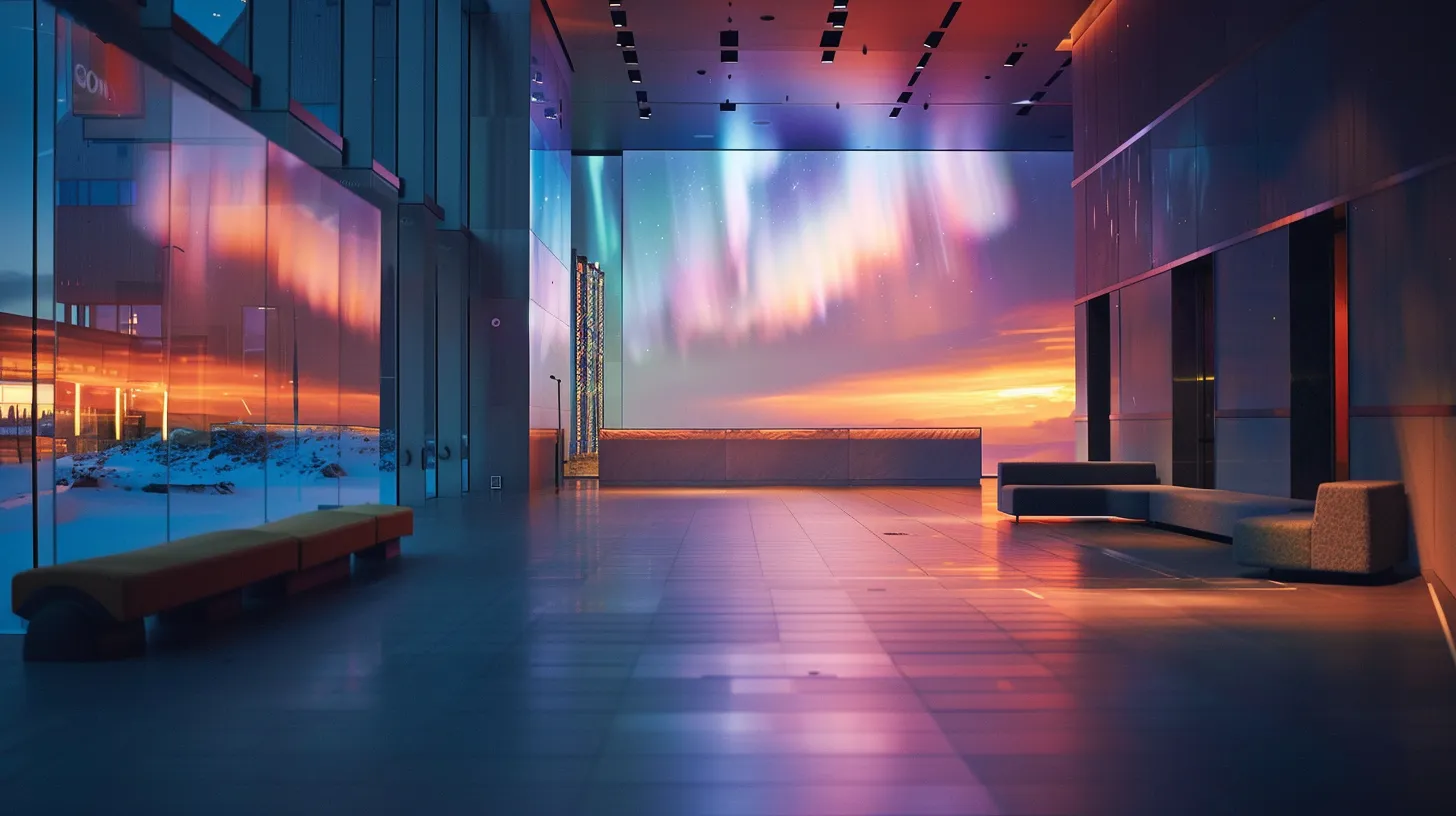 a captivating urban setting at dusk showcases a sleek interior with a glowing display of the northern lights projected against a modern wall, evoking the cultural significance and folklore surrounding this ethereal phenomenon.