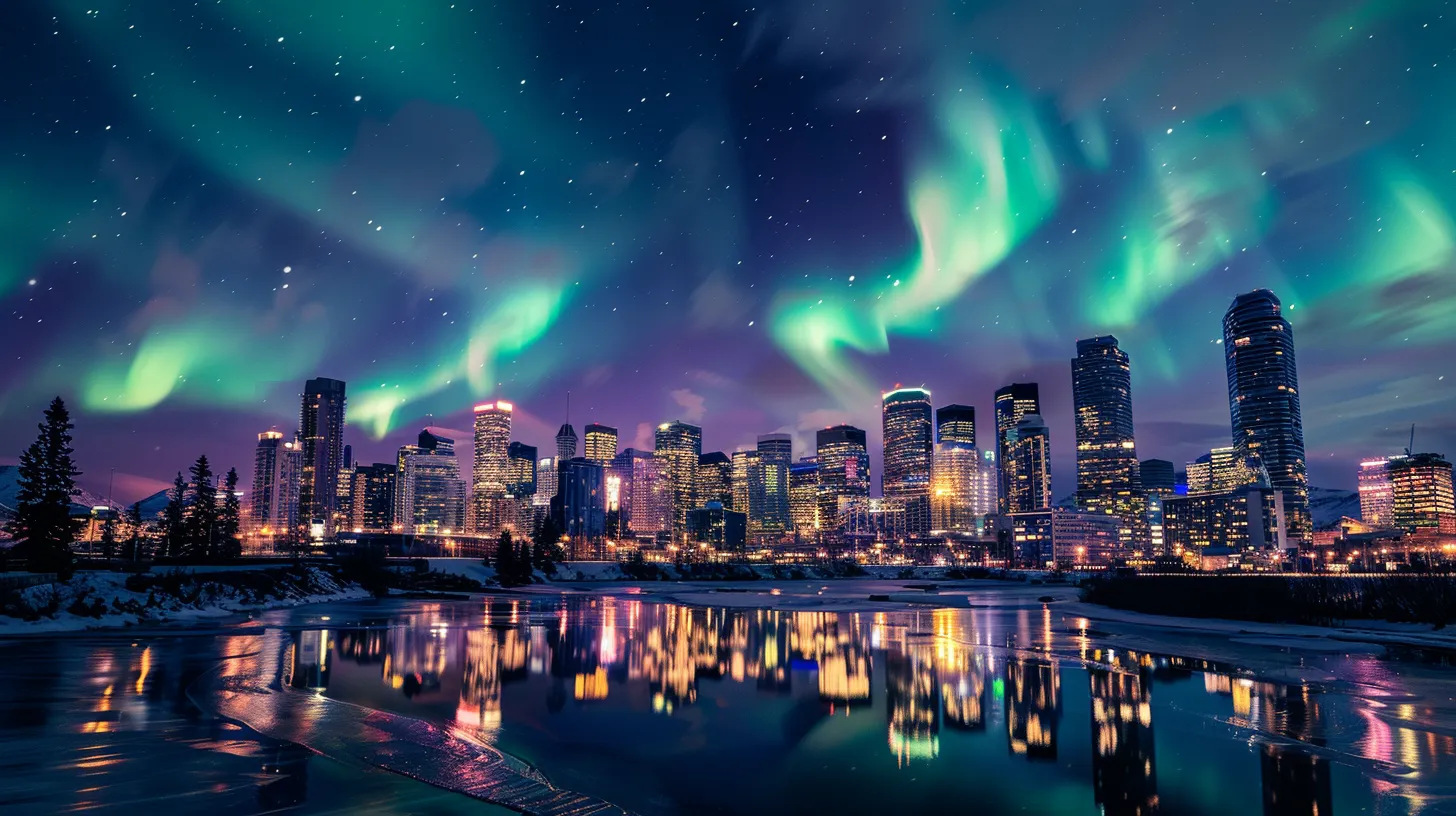 a captivating urban skyline showcases a breathtaking view of the northern lights illuminating the night sky, with soft hues of silver and opal reflecting off modern glass buildings, creating a striking contrast against the city's vibrant lights.