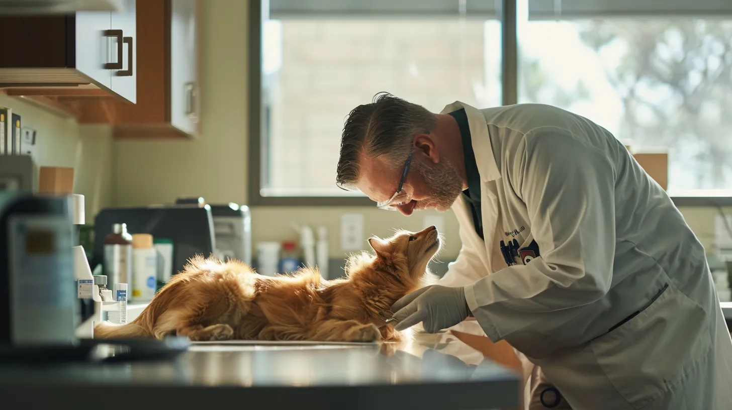 a clean, modern veterinary clinic setting showcases a skilled veterinarian performing a routine health assessment on a pet, with surgical tools neatly arranged nearby, highlighting the professionalism and comprehensive care offered in the facility.