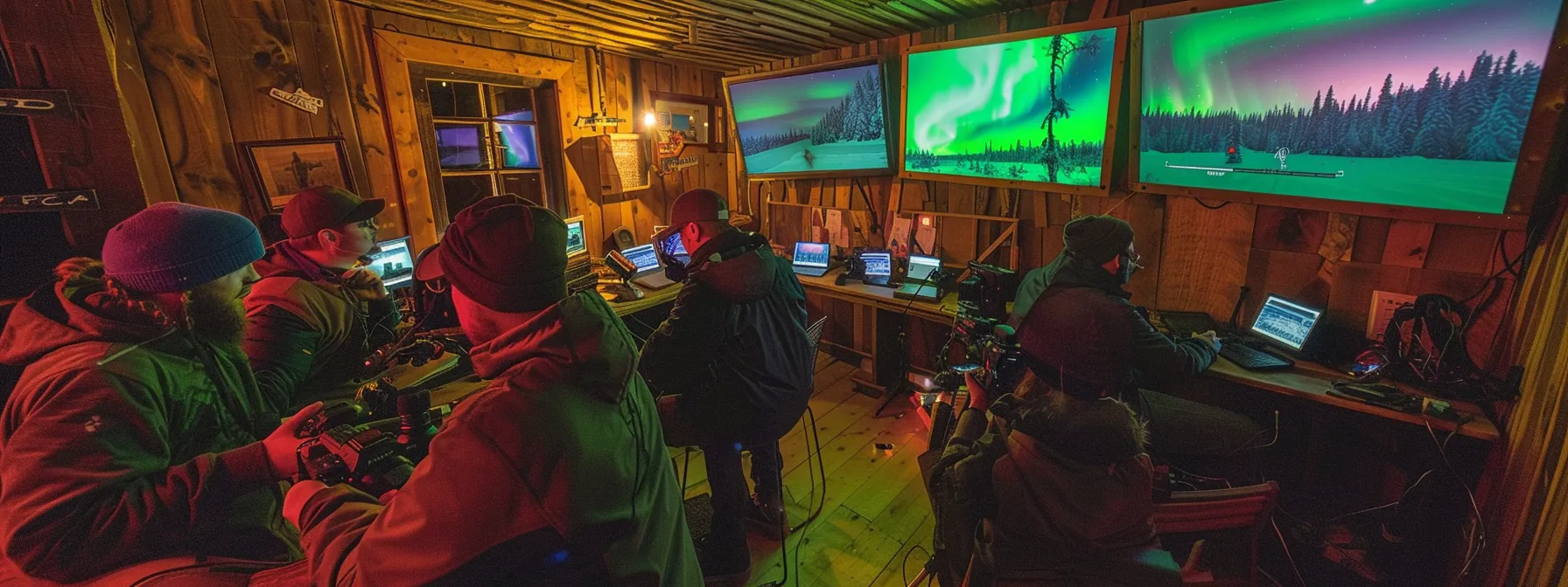 a dynamic photography workshop inside a rustic wooden cabin, featuring a diverse group of enthusiastic photographers intently adjusting their cameras in a dimly lit environment, with vibrant visuals of the northern lights displayed on screens, illustrating techniques in capturing this ethereal phenomenon.