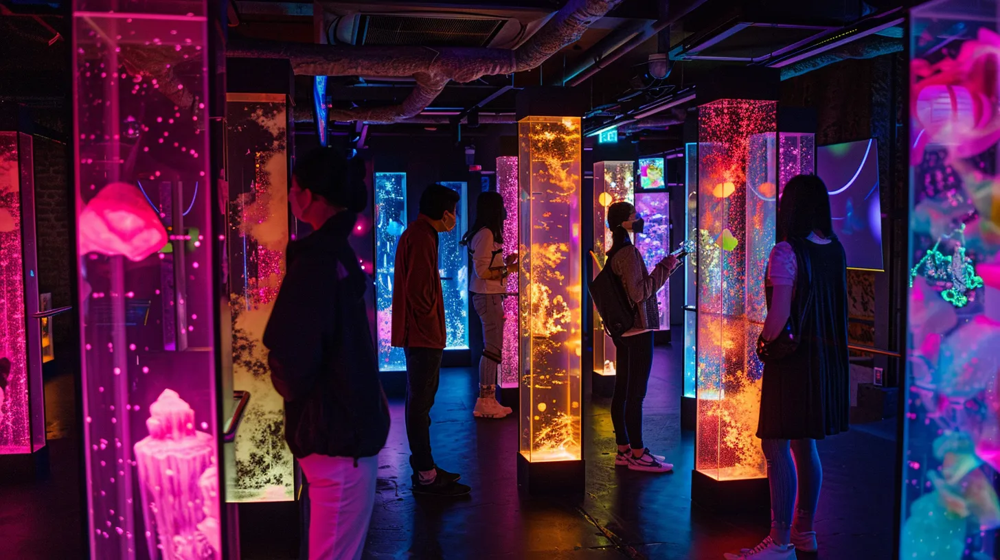 a dynamic urban scientific exhibition showcases vibrant digital displays illustrating the effects of solar flares on atmospheric light phenomena, with visitors captivated by the interplay of glowing colours reminiscent of a lava lamp and crystal formations.