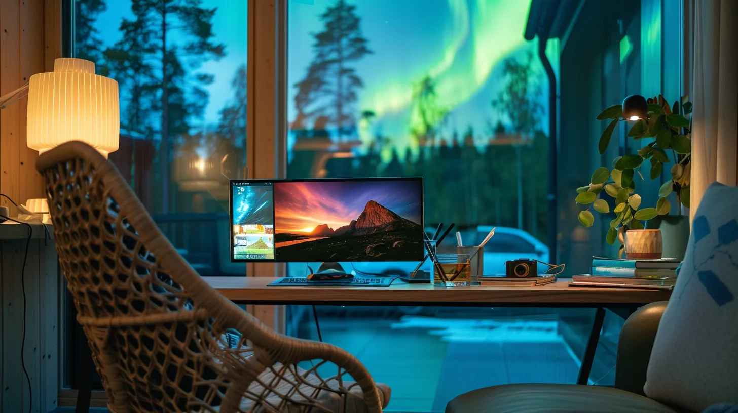 a modern travel planning workspace adorned with maps and brochures, featuring a digital screen displaying vibrant images of the northern lights alongside a comfortable rattan chair, creating an inviting atmosphere for planning an unforgettable aurora viewing adventure.