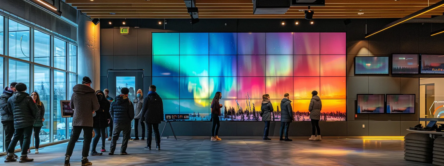 a modern urban office space features a large digital screen displaying vibrant auroras, while a group of engaged professionals examines cold-weather gear and high-tech camera equipment, all illuminated by sleek overhead lighting.