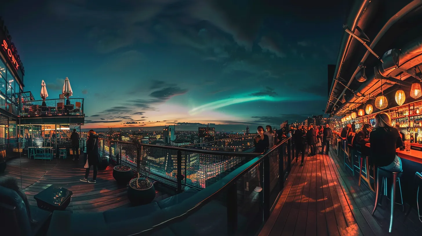 a panoramic view of a bustling urban rooftop terrace in the uk, illuminated by elegant pendant lights, as the vibrant and ethereal northern lights dance vividly in the night sky above, captivating onlookers in awe.