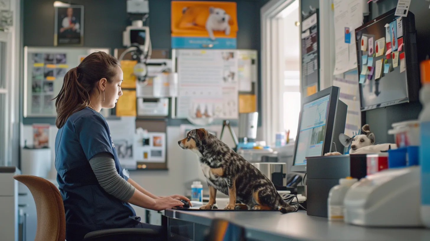 a professional veterinary clinic interior, featuring a warm and inviting consultation room with modern medical equipment, showcasing a veterinarian attentively examining a patient while charts and care brochures for comprehensive veterinary services adorn the walls.