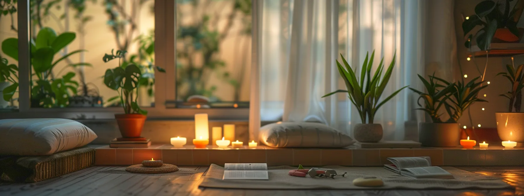 a serene and inviting meditation space, bathed in soft natural light, adorned with candles, plants, and open mindfulness books, vividly illustrates the journey of personal growth and inner peace.