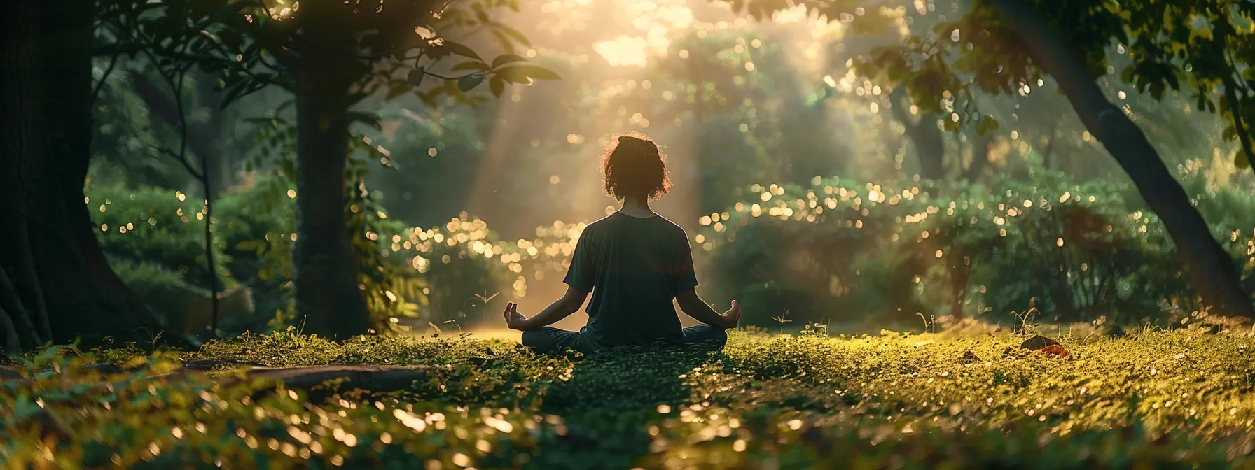 a serene and peaceful setting showcasing a person meditating outdoors amidst lush greenery at sunrise, embodying the essence of mindfulness and personal growth.