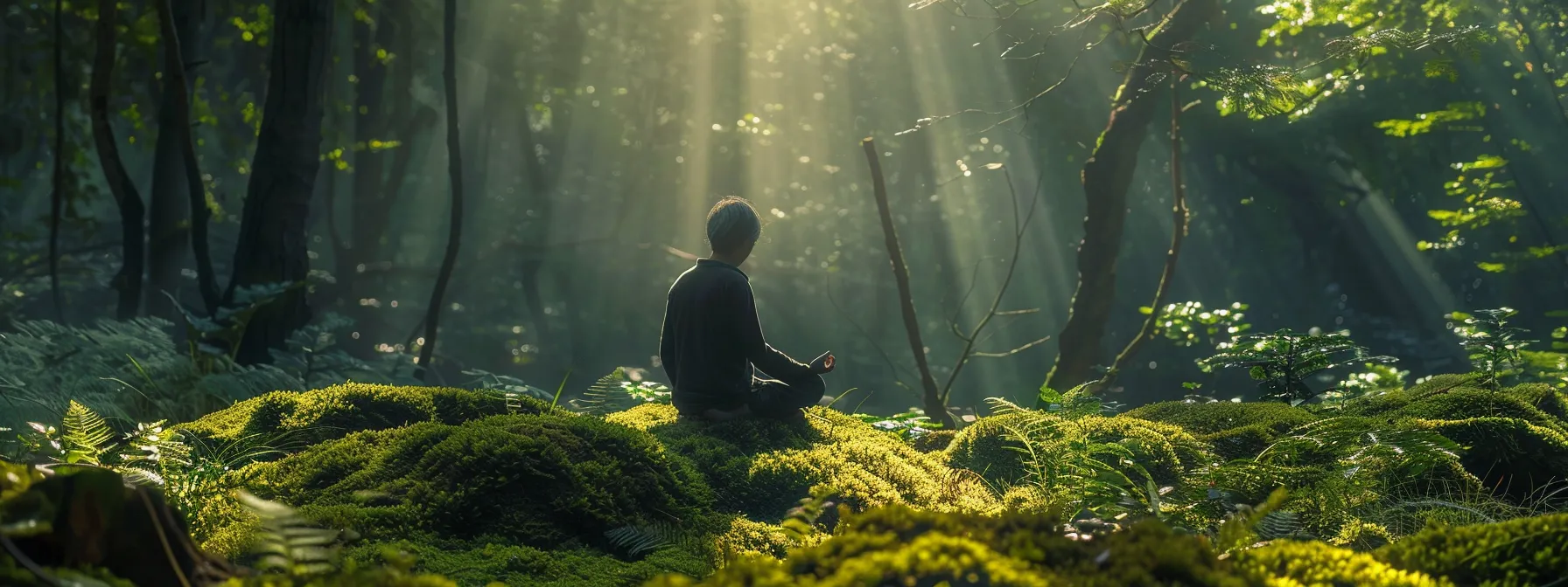 a serene, sunlit forest glade featuring a meditative figure seated cross-legged on a soft bed of moss, surrounded by gentle rays filtering through lush green leaves, symbolizes the essence of mindfulness and personal growth.
