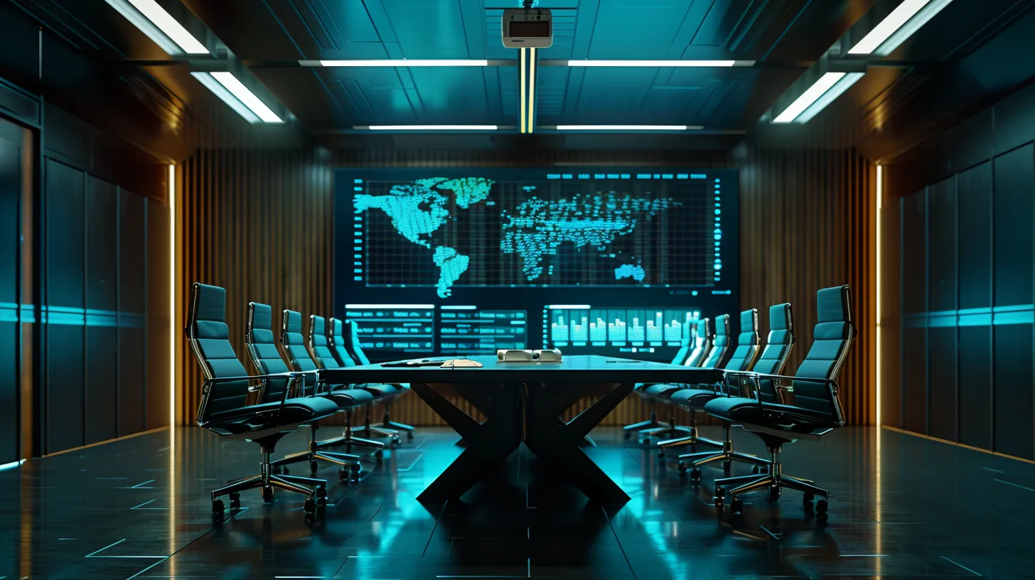 a sleek and modern office workspace is illuminated by sharp overhead lighting, showcasing a polished conference table surrounded by high-backed chairs, with a large digital screen displaying vibrant graphs and analytics in the backdrop, emphasizing a dynamic business environment.