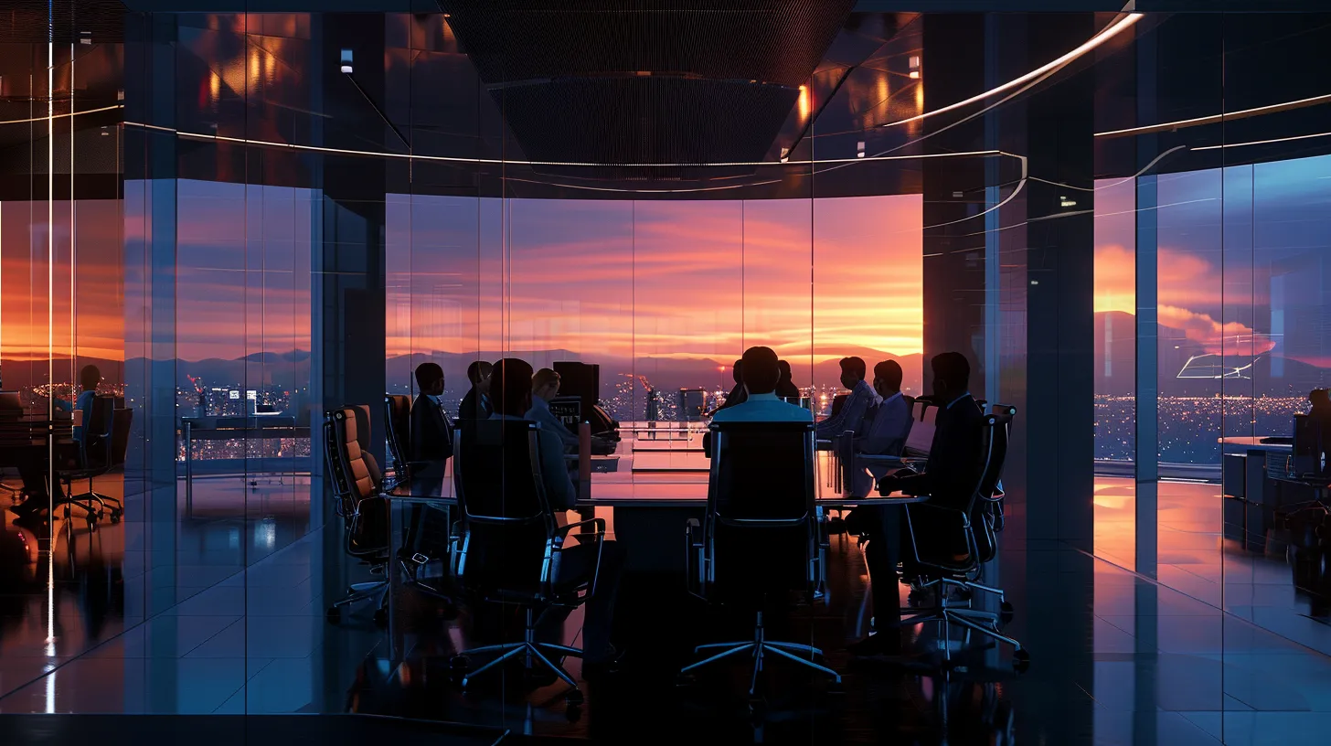 a sleek and modern office space is filled with dynamic individuals engaged in animated discussions around a high-tech conference table, illuminated by dramatic overhead lighting that enhances the scene’s vibrant energy.