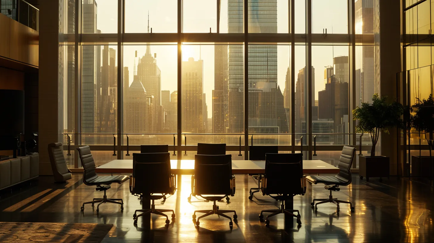 a sleek, modern office bathed in clear artificial light, showcasing an expansive conference table surrounded by high-backed chairs, framed by floor-to-ceiling windows revealing a bustling urban skyline.